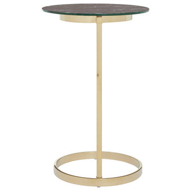 Gold Open Circular Base End Table with Black Marble Effect Glass Top, Oria