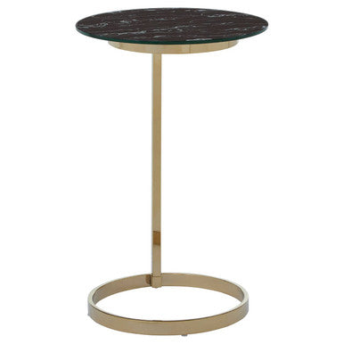 Gold Open Circular Base End Table with Black Marble Effect Glass Top, Oria