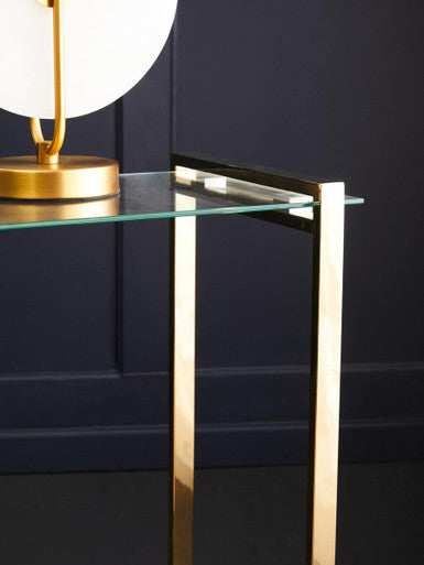 Gold Warm Metallic Finish End Table with Clear Tempered Glass Top, Oria