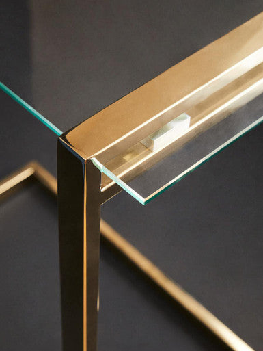 Gold Warm Metallic Finish End Table with Clear Tempered Glass Top, Oria