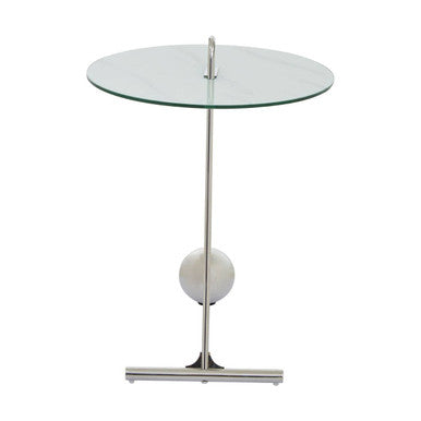 Round Clear Glass Top End Table with Silver Stainless Steel Frame and Splayed Legs, Oria