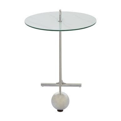 Round Clear Glass Top End Table with Silver Stainless Steel Frame and Splayed Legs, Oria