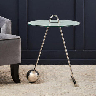 Round Clear Glass Top End Table with Silver Stainless Steel Frame and Splayed Legs, Oria
