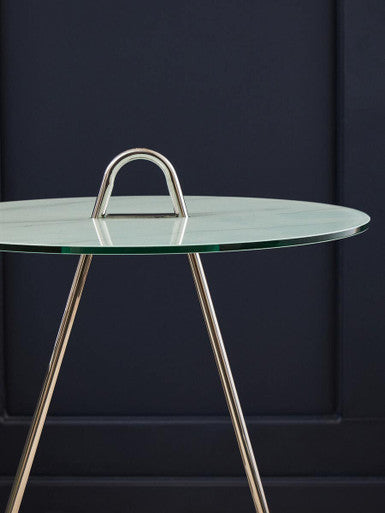 Round Clear Glass Top End Table with Silver Stainless Steel Frame and Splayed Legs, Oria