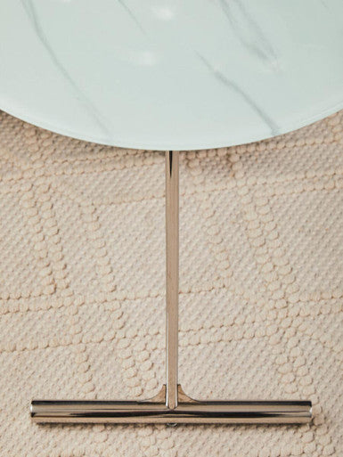 Round Clear Glass Top End Table with Silver Stainless Steel Frame and Splayed Legs, Oria