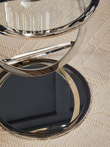Silver Finish Rings Shaped Base End Table with Clear Glass Top, Oria