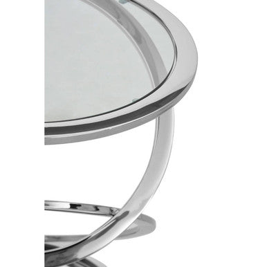Silver Finish Rings Shaped Base End Table with Clear Glass Top, Oria