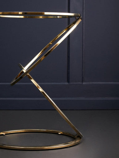Gold Finish Rings Shaped Base End Table with Clear Glass Top, Oria