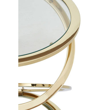 Gold Finish Rings Shaped Base End Table with Clear Glass Top, Oria
