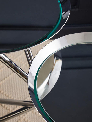 Silver Staggered Mirrored Tops End Table with Chrome Cross Leg Frame, Oria