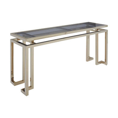 Grey Glass Top Console Table with Warm Gold Stainless Steel Frame, Oria