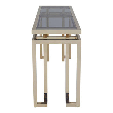 Grey Glass Top Console Table with Warm Gold Stainless Steel Frame, Oria