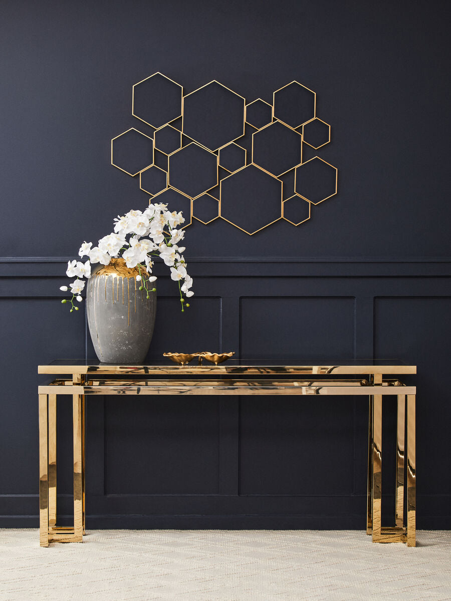 Grey Glass Top Console Table with Warm Gold Stainless Steel Frame, Oria