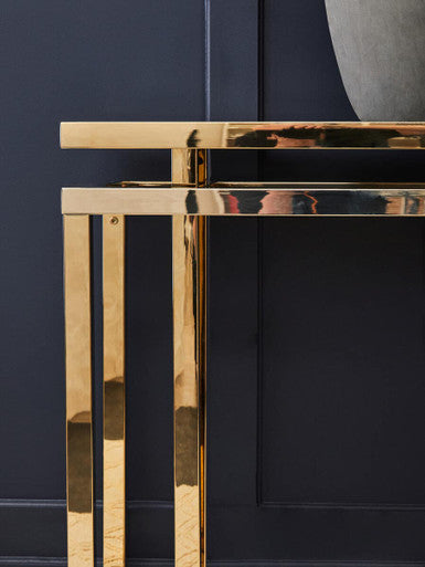 Grey Glass Top Console Table with Warm Gold Stainless Steel Frame, Oria