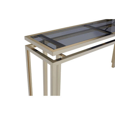 Grey Glass Top Console Table with Warm Gold Stainless Steel Frame, Oria