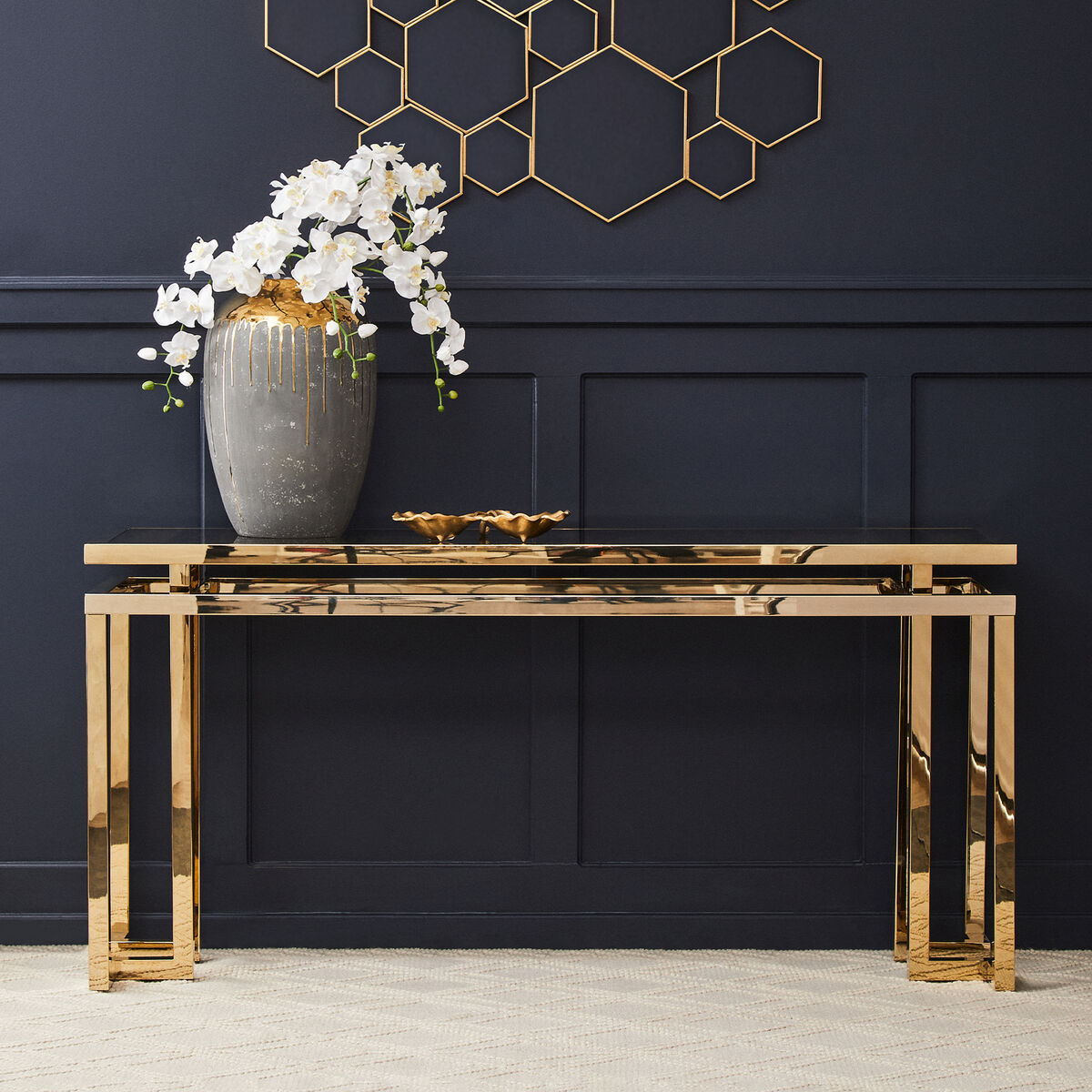 Grey Glass Top Console Table with Warm Gold Stainless Steel Frame, Oria