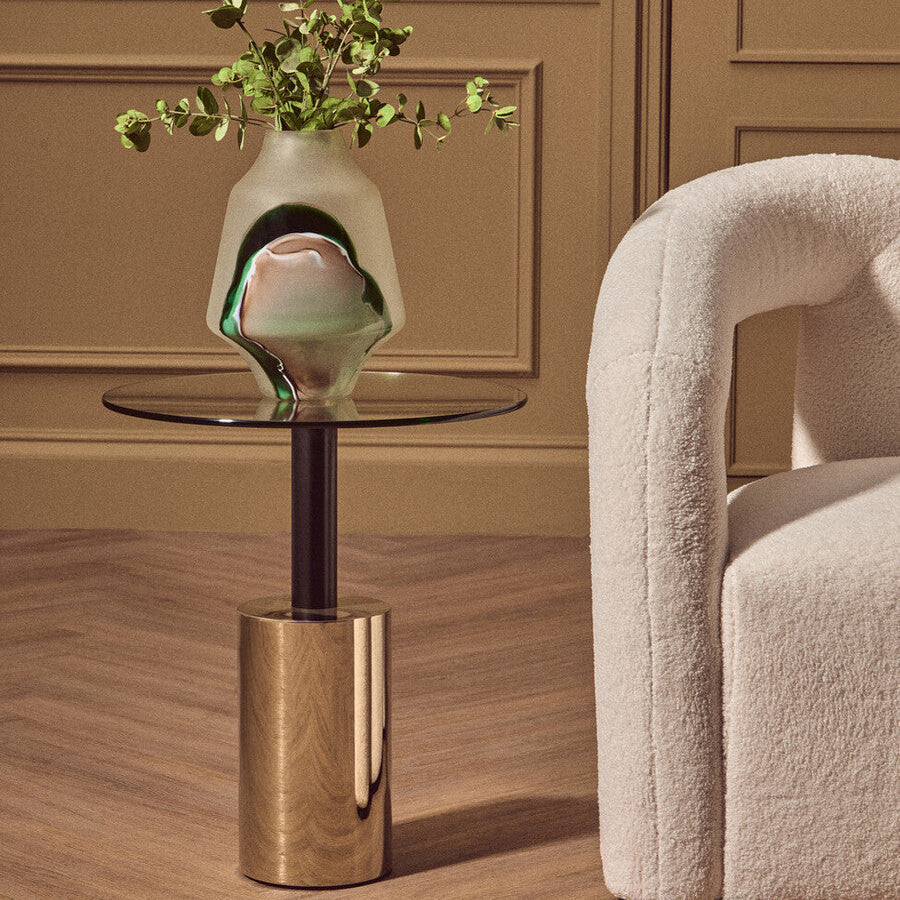 Black and Gold Powder-Coated T-Shape End Table with Clear Glass Top, Oria