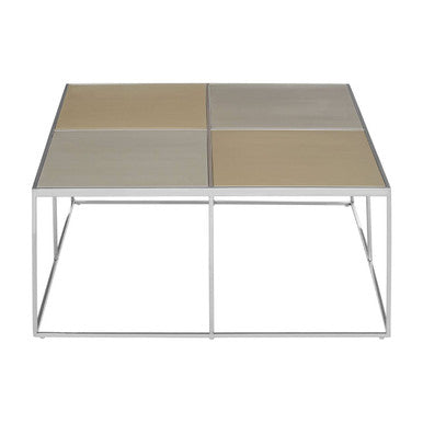 Brushed Silver and Gold Checked Coffee Table with Stainless Steel Square Frame, Oria