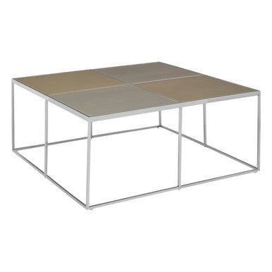 Brushed Silver and Gold Checked Coffee Table with Stainless Steel Square Frame, Oria