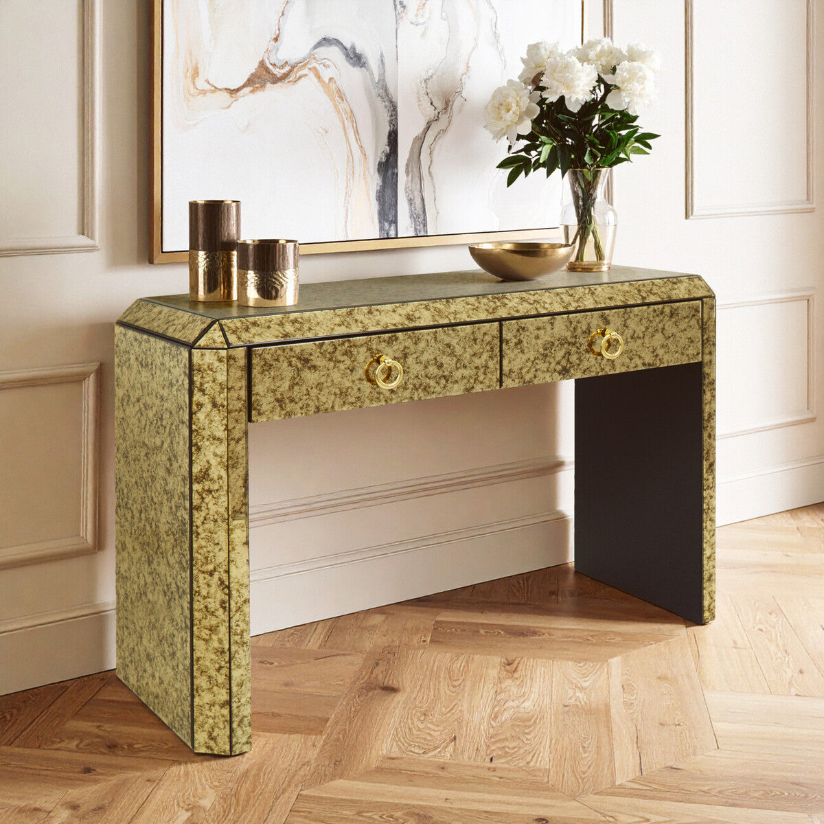 Gold Mirrored Console Table with Two Drawers and Ring Handles, Komo