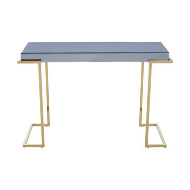Grey Mirrored Top Console Table with Gold Finish Stainless Steel Sledge Base, Kaso