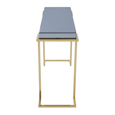 Grey Mirrored Top Console Table with Gold Finish Stainless Steel Sledge Base, Kaso