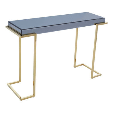 Grey Mirrored Top Console Table with Gold Finish Stainless Steel Sledge Base, Kaso