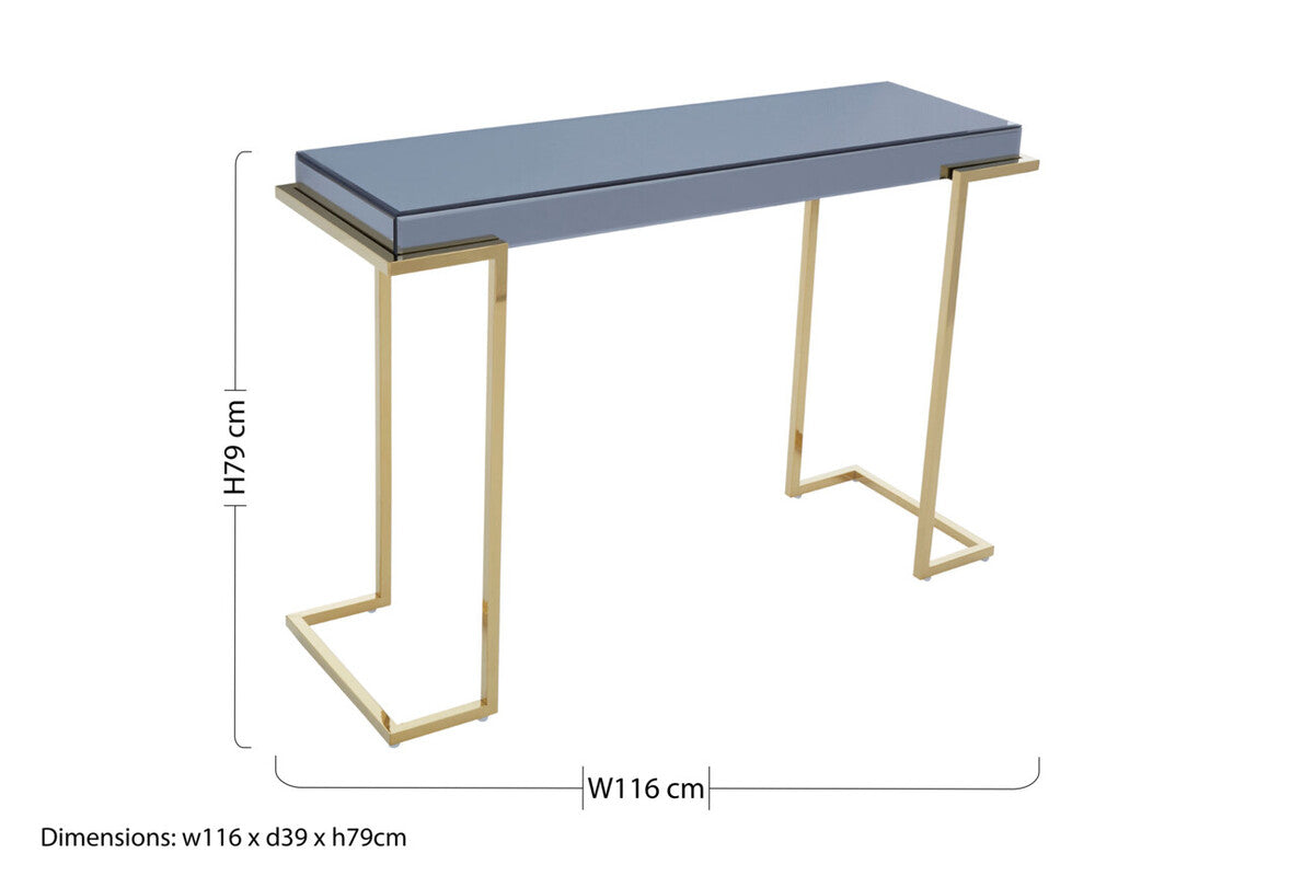 Grey Mirrored Top Console Table with Gold Finish Stainless Steel Sledge Base, Kaso