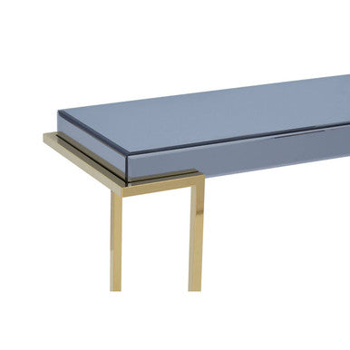 Grey Mirrored Top Console Table with Gold Finish Stainless Steel Sledge Base, Kaso