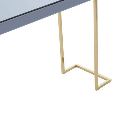Grey Mirrored Top Console Table with Gold Finish Stainless Steel Sledge Base, Kaso