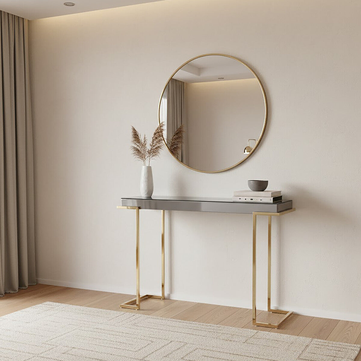 Grey Mirrored Top Console Table with Gold Finish Stainless Steel Sledge Base, Kaso