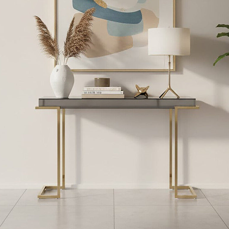 Grey Mirrored Top Console Table with Gold Finish Stainless Steel Sledge Base, Kaso