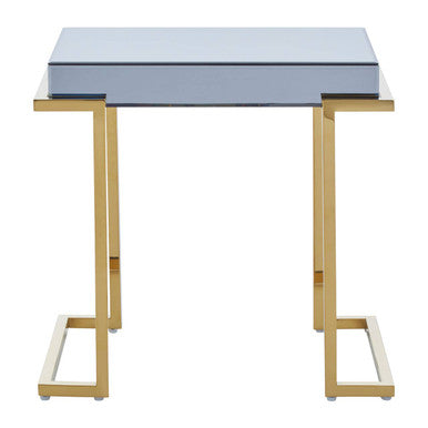 Grey Mirrored Top End Table with Gold Finish Stainless Steel Sledge Base, Kaso