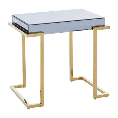 Grey Mirrored Top End Table with Gold Finish Stainless Steel Sledge Base, Kaso