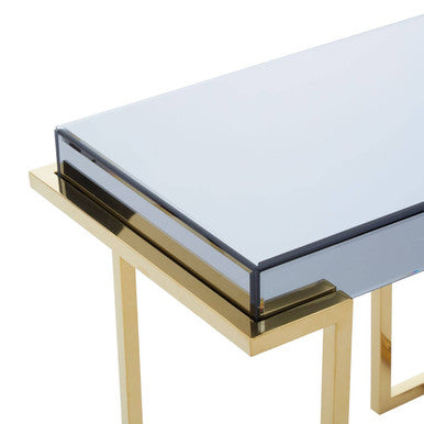 Grey Mirrored Top End Table with Gold Finish Stainless Steel Sledge Base, Kaso