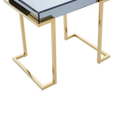 Grey Mirrored Top End Table with Gold Finish Stainless Steel Sledge Base, Kaso