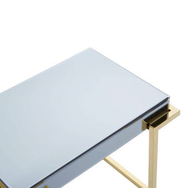Grey Mirrored Top End Table with Gold Finish Stainless Steel Sledge Base, Kaso