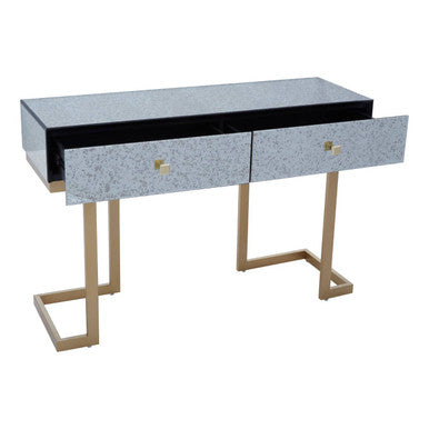 Antique Mirrored Top Console Table with Two Drawers and Brass Finish Iron Stand, Kesena