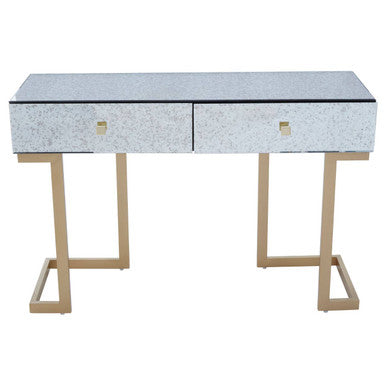Antique Mirrored Top Console Table with Two Drawers and Brass Finish Iron Stand, Kesena