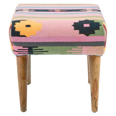 Cefena Multi Coloured Fabric Footstool with Mango Wood Legs
