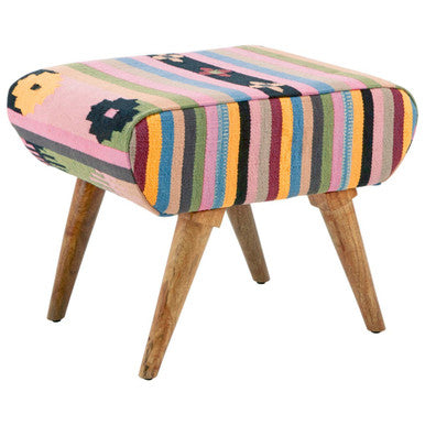 Cefena Multi Coloured Fabric Footstool with Mango Wood Legs