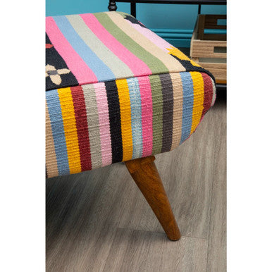Cefena Multi Coloured Fabric Footstool with Mango Wood Legs