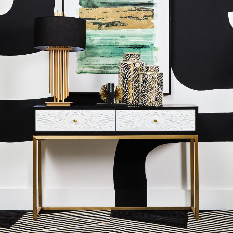 Black and White 2 Drawers Warm Metallic Finish Console Table with Gold Knob Handle, Dumas