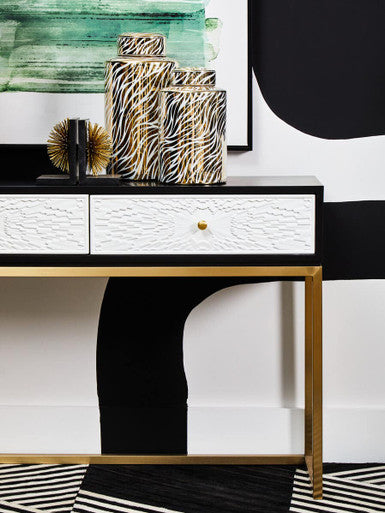 Dumas Black and White 2 Drawer Console Table with Gold Base