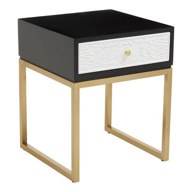 Black and White 1 Drawer Warm Metallic Finish Side Table with Gold Knob Handle, Dumas