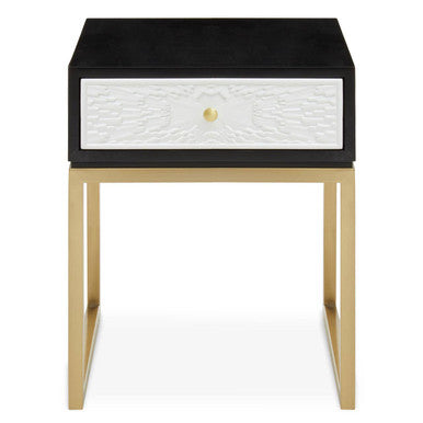Black and White 1 Drawer Warm Metallic Finish Side Table with Gold Knob Handle, Dumas