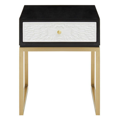 Black and White 1 Drawer Warm Metallic Finish Side Table with Gold Knob Handle, Dumas