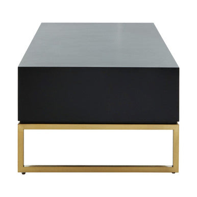 Black and White 4 Drawer Warm Metallic Finish Coffee Table with Gold Knob Handle, Dumas