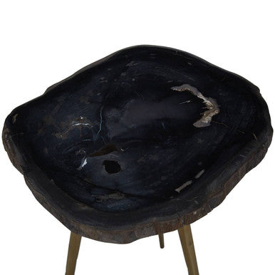 Brown Petrified Wood Top Side Table with Brass Finish Angular Legs, Relic