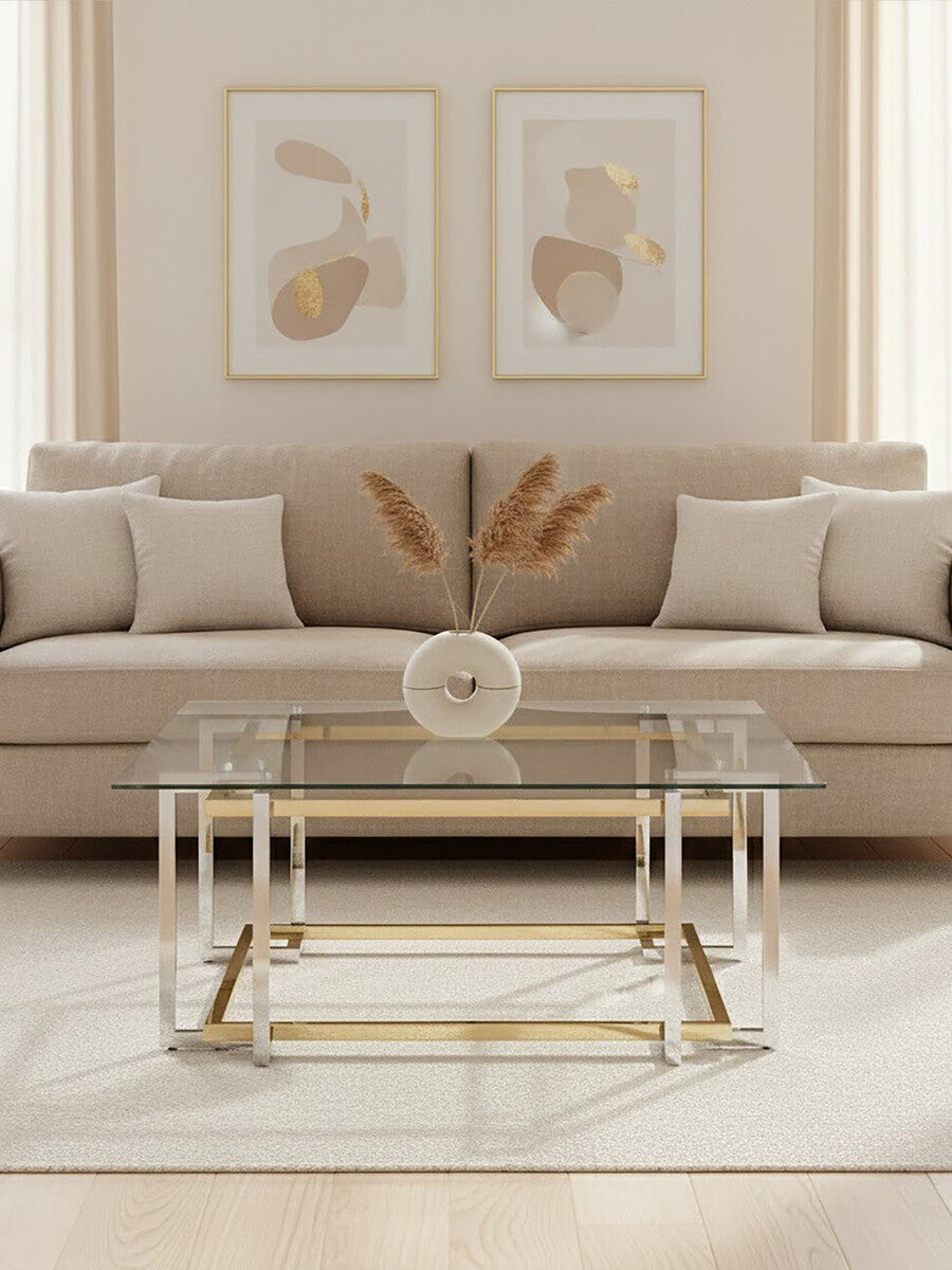 Clear Tempered Glass Top Coffee Table with Silver and Gold Stainless Steel Base, Elino